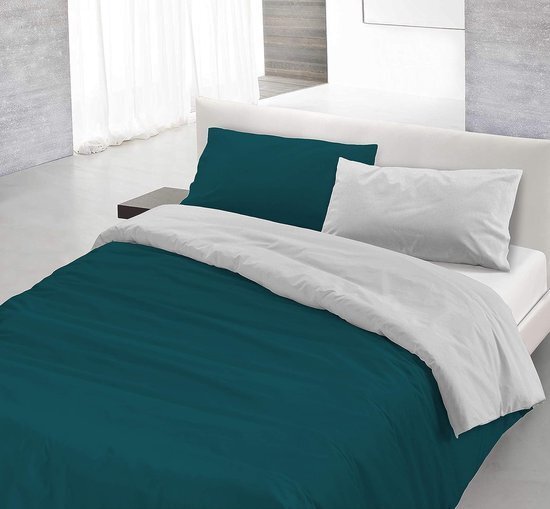 Italian Bed Linen Natuurlijke kleur Dekbedovertrek Set met Doubleface Effen Kleur Tas Sheet en Kussensloop, 100% Katoen, Benzine Groen/Lichtgrijs, Kleine Dubbele