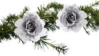 Cosy & Trendy kerstboom bloemen op clip - 2x stuks - zilver wit - kunststof - 18 cm