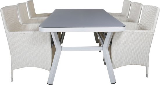 Hioshop Virya tuinmeubelset tafel 100x200cm en 6 stoel Malin wit, grijs.