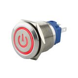 SeKi Roestvrij stalen drukknop Ø19mm tastend platte kop gekleurd verlicht power symbool in rood soldeeroogjes/platte stekker 0,5x2,8 aansluiting; belknop