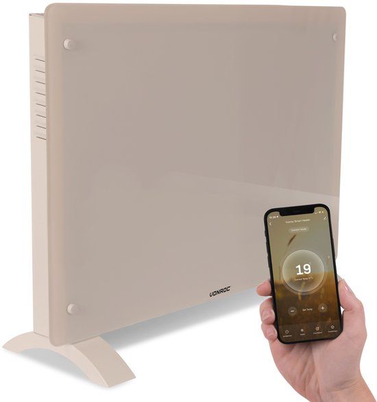 VONROC Luxe elektrische kachel - Convectorkachel met glazen paneel – 750W/1500W - Verwarmt ruimtes tot 18m2 - Bediening via app (Wifi) en handmatig – Instelbare thermostaat en timer - Beige