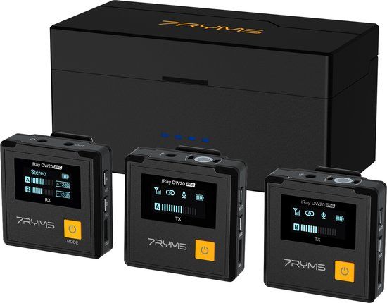 7RYMS iRay DW20 PRO Draadloze Microfoon Set - Dual-channel - Met Oplaadbox - Zwart/Geel