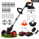 AjieQaQ Accu Grastrimmer 21V, 1200W, 2x 2.0Ah Accu's, 18.000 t/min, 150 mm Snijbreedte, 3-in-1 met Kunststof-, Metalen- & Zaagbladen