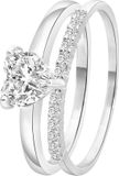 Lucardi Dames Dubbele ring met zirkonia hart - Ring - Cadeau - Echt Zilver - Zilverkleurig
