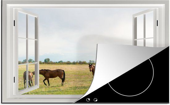 KitchenYeah® Inductie beschermer 77x51 cm - Doorkijk - Paarden - Gras - Inductie kookplaat accessoire