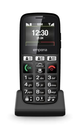 Emporia Gelukkige mobiele telefoon voor senioren, robuust en hoogwaardig, hoog volume, kleurendisplay, Bluetooth, 3 snelbeltoetsen, verlichte grote knoppen, laadstation, zwart (Italië)