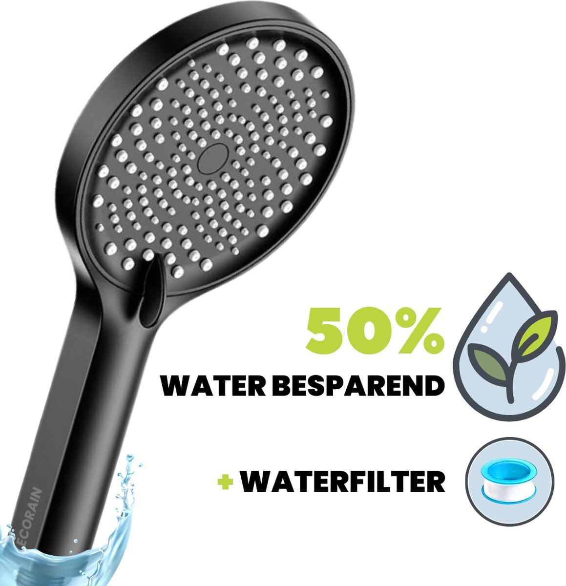 EcoRain EcoRain™ Waterbesparende Douchekop Charly met WATERFILTER - 50% Waterbesparend - Regendouche - 3 Sproeistanden - Hoge Druk - Betere Huid - Handdouche - Luxe Moderne Douchekop - Hoge Kwaliteit - Zwart