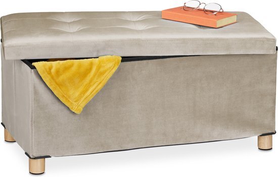 Relaxdays Zitbank met opbergruimte, bekleding, fluwelen bekleding, houten poten, tot 120 kg, opvouwbaar, zitkist HBT: 34x76x38 cm, crème