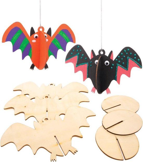 Baker Ross Houten 3D Vleermuis Decoraties - Halloween Knutselspullen (Set van 6)