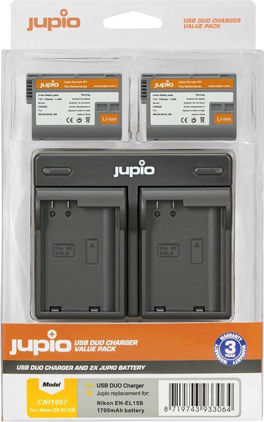 Jupio Value Pack: 2x EN-EL15B 1700mAh Battery + USB Dual Charger