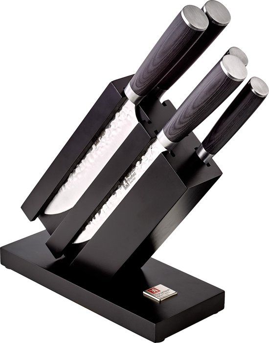 Richardson Sheffield Uta 5-delige messenset - inclusief design messenblok - Gehamerde messen - Pakka hout