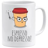 Espresso No Depresso Mok | Grappige Koffiemok met Spreuk | Origineel Cadeau voor Koffieliefhebber | Voor Kantoor en Thuis | Keramische Beker, Wit, 330 ml