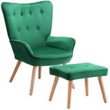 BAKAJI Fauteuil met kruk, stoel met poef, voetensteun voor woonkamer, gevoerde slaapkamerstoel met zachte fluwelen bekleding, hoge armleuningen, modern design (groen)