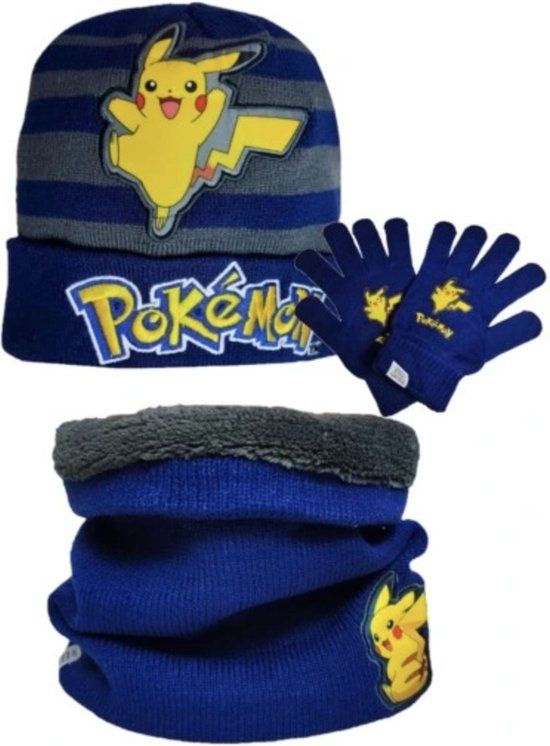 Pokémon Pikachu Kinder Winterset: Sjaal, Muts en Handschoenen - Blauw - beige