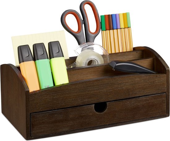 Relaxdays Bureau organizer met 4 vakken en lade- bamboe pennenbak - desk organizer