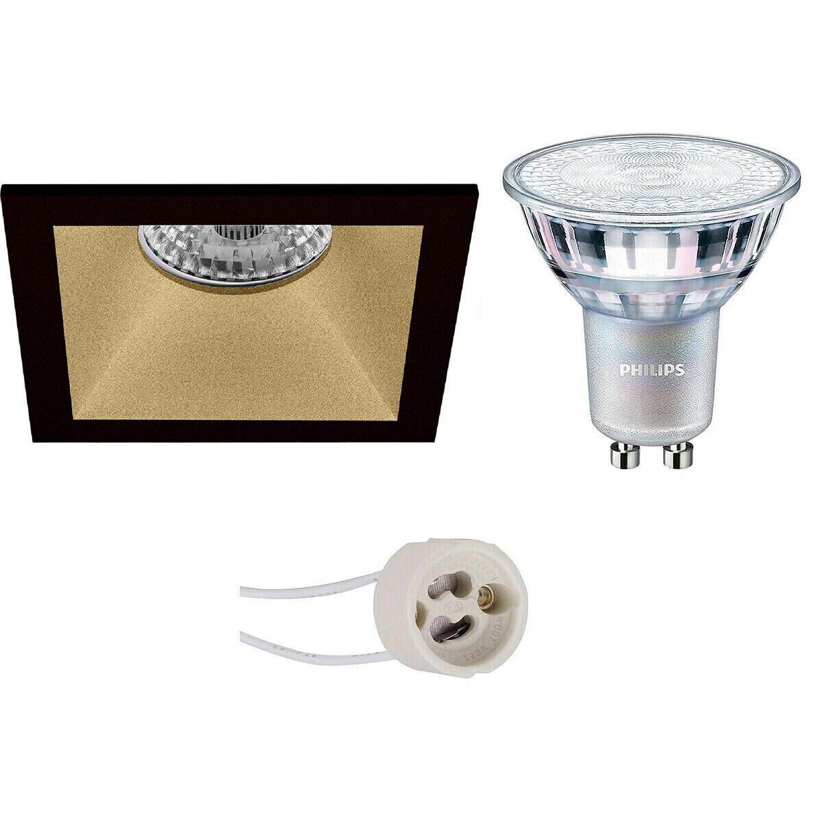 BES LED LED Spot Set - Pragmi Pollon Pro - GU10 Fitting - Inbouw Vierkant - Mat Zwart/Goud - Verdiept - 82mm - Philips - MASTER 927 36D VLE - 4.9W - Warm Wit 2200K-2700K - DimTone Dimbaar