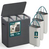 VOUNOT® Wasmand, 170 l, rechthoekig, 3 vakken, grote capaciteit, met deksel en 3 afneembare zakken, zelfverstelbaar, met handgrepen, voor badkamer, slaapkamer, familie en wasruimte, antraciet