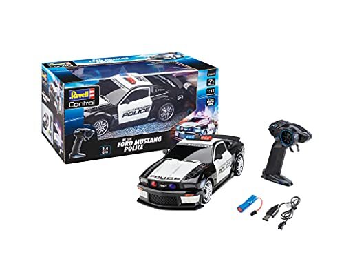 Revell Control 24665 RC Scale US Police Ford Mustang, GHz-afstandsbediening, verwisselbare Li-ion batterij, LED-verlichting, blauw licht, sirene, 33 cm op afstand bestuurde auto, zwart