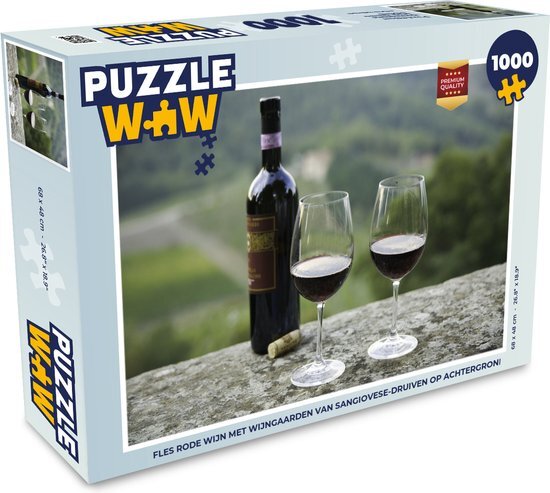 MuchoWow Puzzel Fles Rode wijn met wijngaarden van Sangiovese-druiven op achtergrond - Legpuzzel - Puzzel 1000 stukjes volwassenen