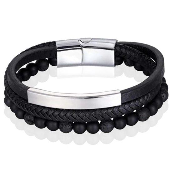 Memphis Heren armband Memphis Agaat kraal gevlochten leer Zilverkleurig Zwart - 19cm