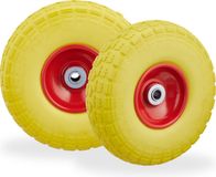 Relaxdays 2x steekwagenwiel 4.1/3.5-4'', anti lek banden, 16 mm as, tot 150 kg, 260x85mm, rubber, geel-rood