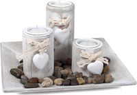 Gerimport Assiette à bougies - plateau - 3 bougeoirs - bois - pierres décoratives - 23x23 cm