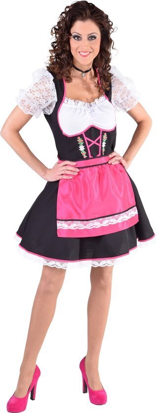 Magic by freddy Zwarte dirndl jurk met rood schort en edelweiss - Oktoberfest kleding dames maat 50/52 XXL