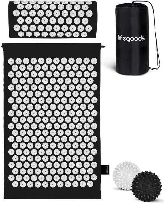 LifeGoods Acupressuur Mat met Kussen - Shakti mat - Spijkermat - Zwart/Wit