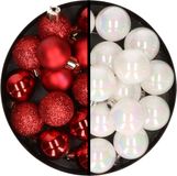 Merkloos / Sans marque Kerstballen 36x stuks - 3 en 4 cm - rood en parelmoer wit - kunststof
