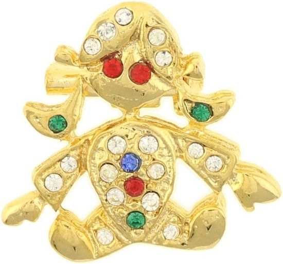 Behave® Broche meisje pop goud kleur met steentjes 2 cm