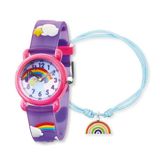 Herzengel Kinderhorlogeset, met regenboogmotieven, analoog polshorloge, robuuste kunststof behuizing, zachte band, 27 mm, 3 ATM met bijpassende nylon armband en pennenetui, S, kunststof roestvrij