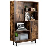 COSTWAY Boekenkast van hout, staand rek met 2 deuren en 4 open planken, boekenkast, houten rek, opbergrek voor werkkamer, woonkamer, 80 x 24 x 120 cm (koffie)