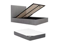 Vente-unique Lit coffre 160x200 cm avec tête de lit coutures verticales velours côtelé gris + matelas Sarah