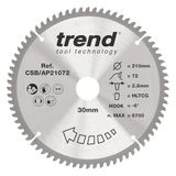 Trend Cirkelzaagblad van aluminium en kunststof, 210 mm diameter, 30 mm boring, 72 tanden, 2,8 mm snijvoeg, -6° haak, TCT, extra fijn oppervlak, CSB/AP21072