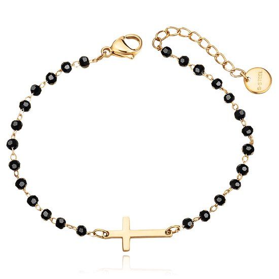 Cilla Jewels Cilla Armband Zwart Kristal en Kruis - Goudkleurig
