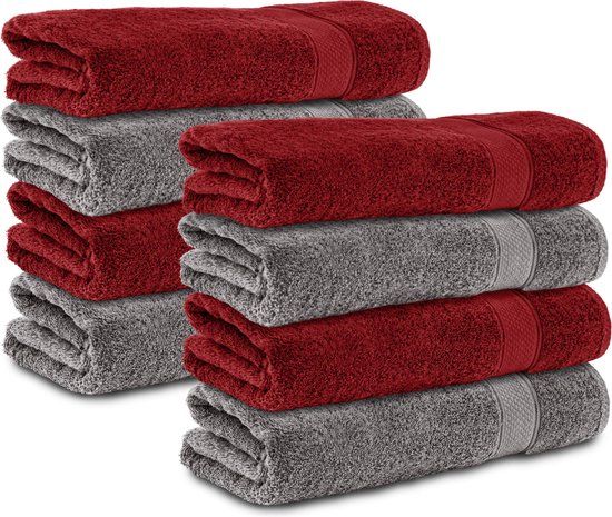 Komfortec handdoeken – Set van 8 - Badhanddoek 50x100 cm - 100% Katoen - Antracietgrijs&Rood