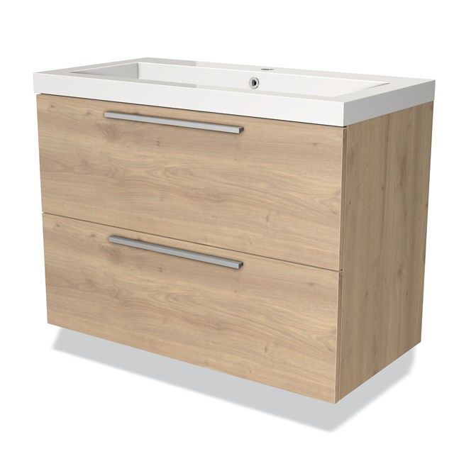 Maxaro Badkamermeubel 90cm Modulo Lichtbruin Eiken 2 Lades Vlak Wastafel Mineraalmarmer