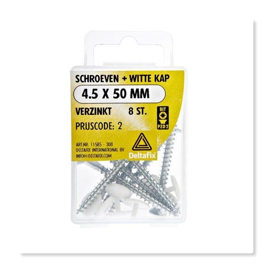 Deltafix Houtschroeven met witte afdekkapjes 4.5x50mm Platkop Verzinkt 8 stuks