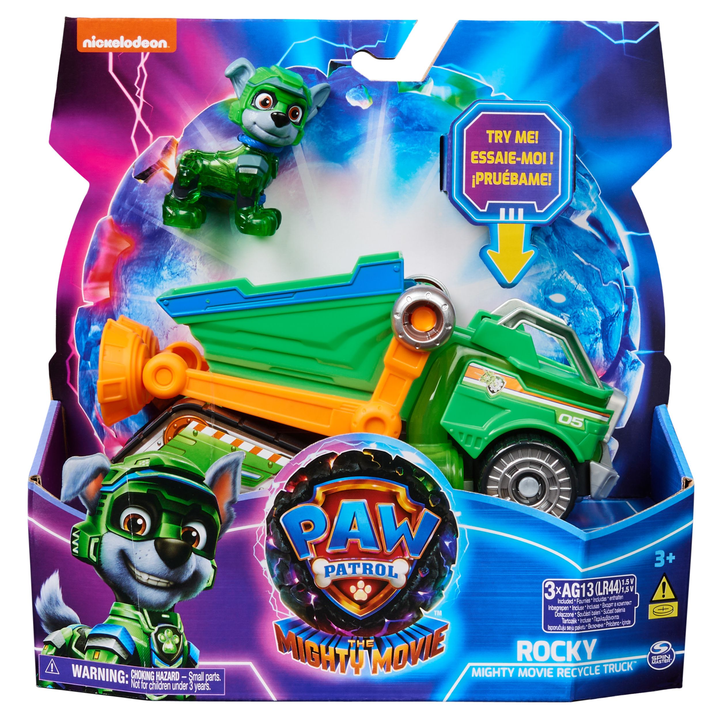 PAW Patrol The Mighty Movie - Garbage Truck with Rocky Action Figure - Lights and Sounds