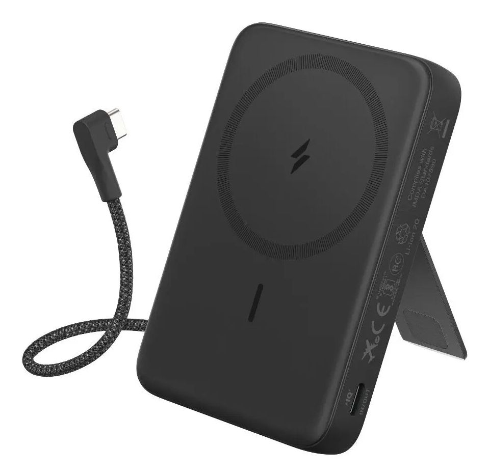 Anker New Zolo Magnetische Powerbank, Draagbare 10000mAh Draadloze Externe Batterij met 30W Max Snelladen, Ingebouwde USB-C Kabel en Verstelbare Stand Zwart