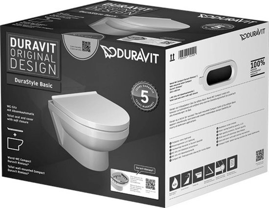 Duravit DuraStyle Basic wandclosetset diepspoel Rimless 36.5x48cm met softclose closetzitting wit 45750900A1