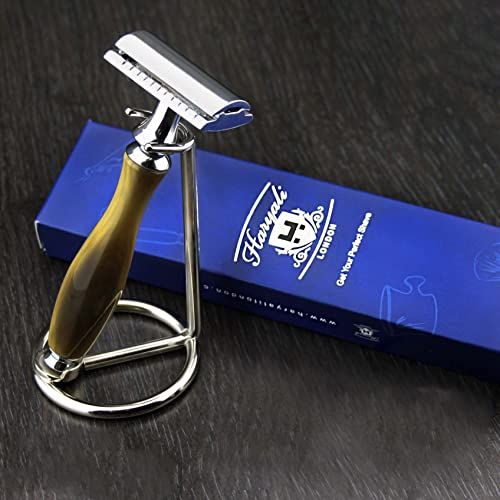 Haryali London DE Safety Shaving Razor met Hoorn Replica Handvat & Stand | Gents Shaving & Grooming Essentials | Gift for Him