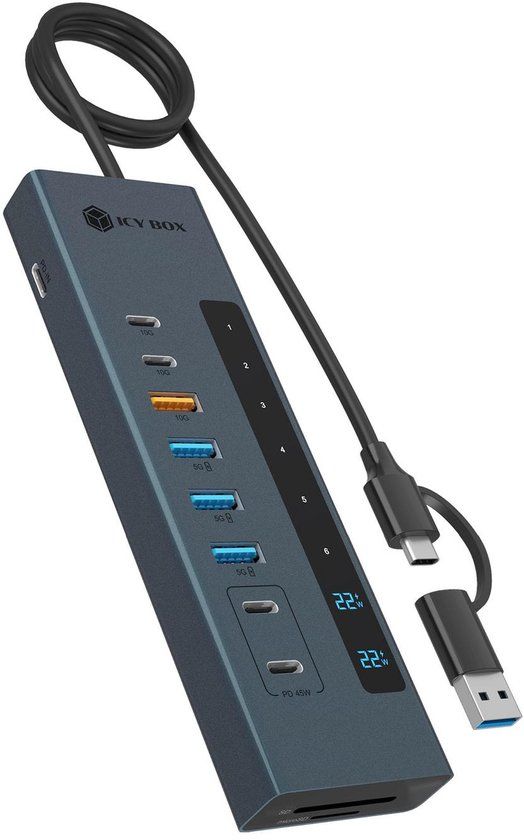 Icy Box IB-HUB1742CR-C2PD USB-C Hub met Kaartlezer, 11-in-1, 100W PD, Zwart