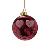 Vondels boule de Noël - Smiley avec des yeux en forme de cœurs 7cm en verre, couleur rouge 1 pièce