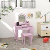 Rose Coiffeuse Enfant Avec Miroir Et Tabouret, Bureau De Maquillage À Tiroirs Avec 2 Casiers, Dimensions 55x36x86 Cm