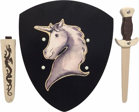 Houten Dolk met Schede en Ridder Schild Eenhoorn - Kinderzwaard