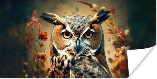 PosterMonkey Poster Uil - Vogel - Bloemen - Planten - Botanisch - 80x40 cm