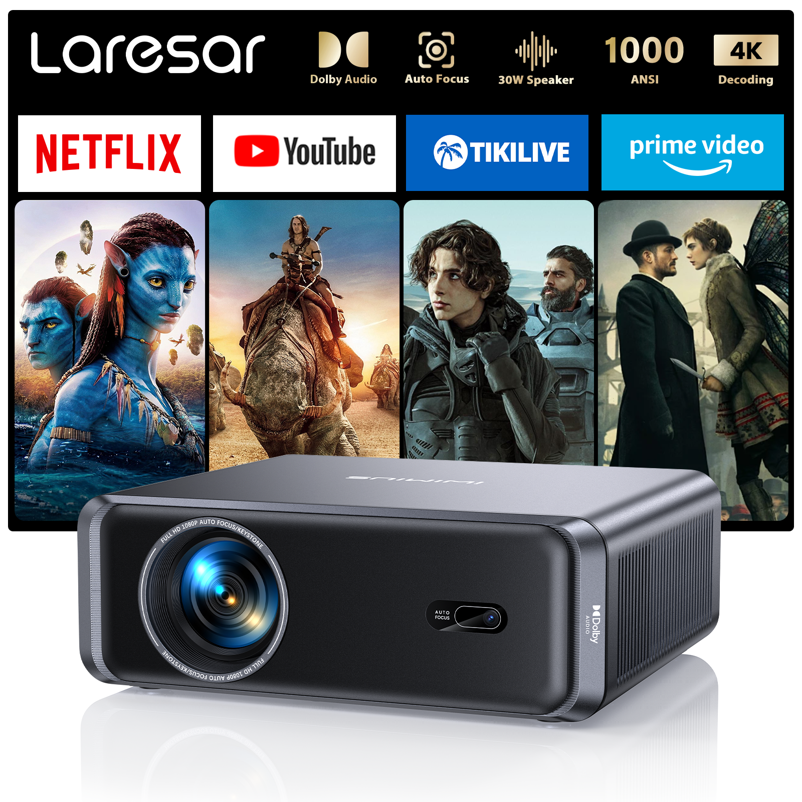 Laresar A1 Netflix Projector 4K 1000ANSI Native 1080P Android TV Autofocus/Keystone WiFi6 BT5.2 Dolby Home Cinema
