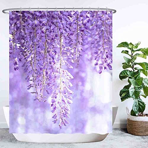 Ulticool Douchegordijn – hangplant natuur bloemen - 180 x 200 cm - wasbaar - anti-schimmel - met 12 ringen - lila