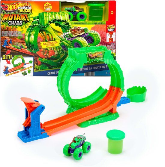 Hot Wheels Monstertrucks Gemuteerde Chaos Loopinguitdaging - Speelset met Wreckin' Wolf speelgoedtruck en Slime